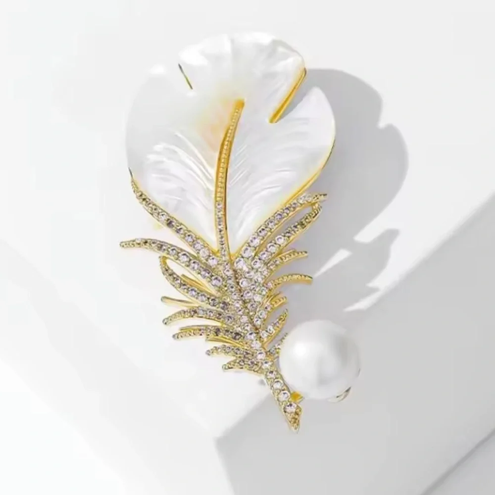 White Feather Pearl Crystal Leaf Brooch
